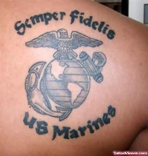 Grey Ink U.S Army Tattoo On Right Back Shoulder