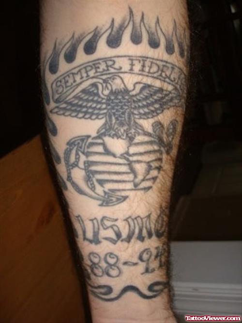 Grey Ink Marine Corps Army Tattoo On Full Sleeve
