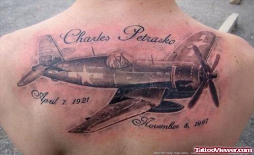 Grey Ink Army Plane Tattoo On Upperback