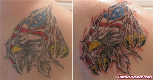 Ripped Skin Eagle Army Tattoo On Back Shoulder