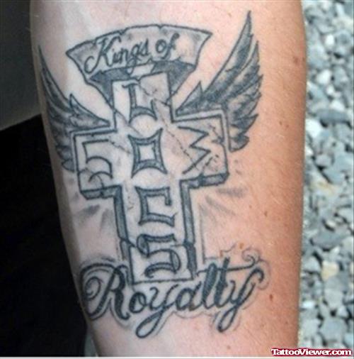 Grey Ink Winged Cross Army Tattoo