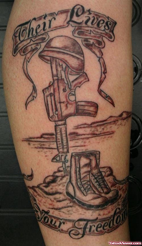 Grey Ink Military Equipments Army Tattoo