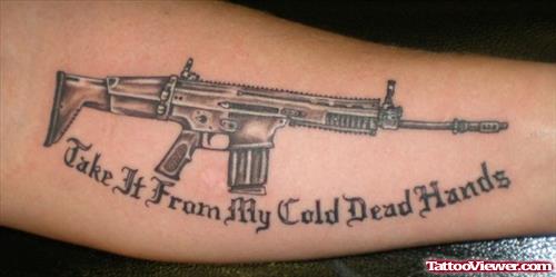 Grey Ink Army Gun Tattoo On Sleeve
