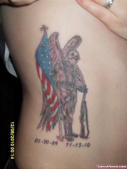 Colored Army Guardian Angel Tattoo On Side Rib