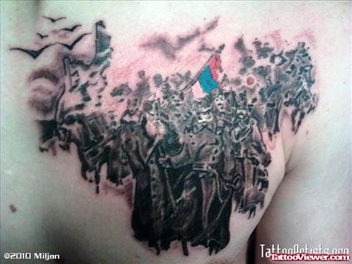 Amazing Grey Ink Army Tattoo On Man Chest