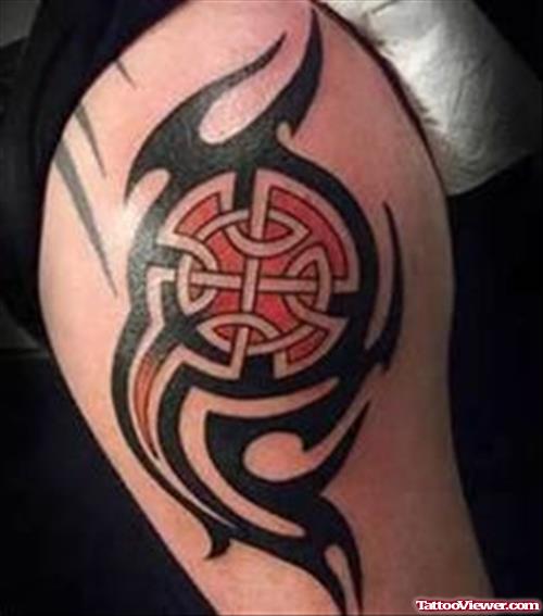 Tribal And Army Tattoo On Right Shoulder