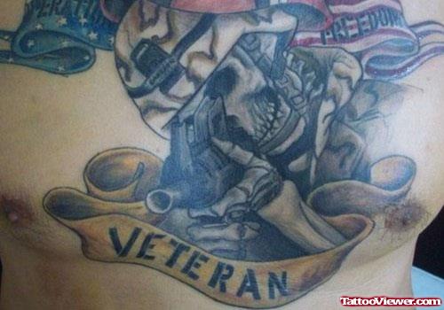 Latest Grey Ink Army Tattoo On Man Chest