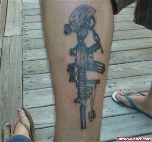 Grey Ink Army Tattoo On Leg