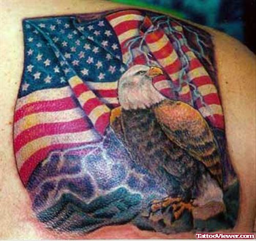 Eagle And Colored Army Flag Tattoo