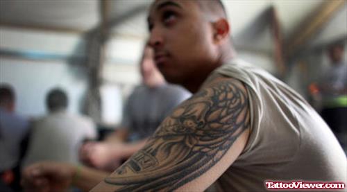 Crazy Army Tattoo On Man Left Sleeve