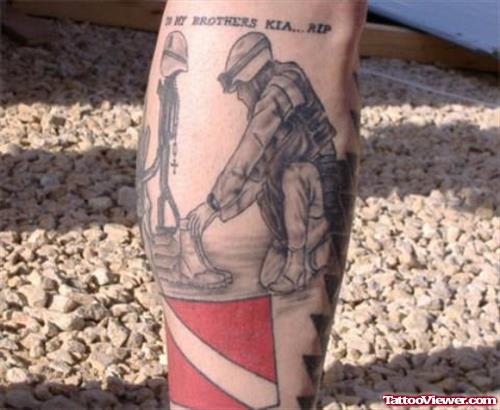 Grey Ink Army Tattoo On Right Leg