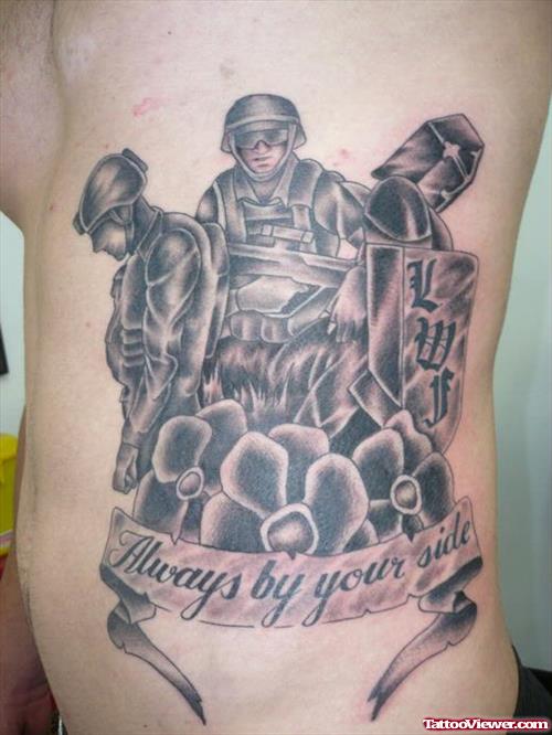 Grey Ink Army Tattoo On Rib Side