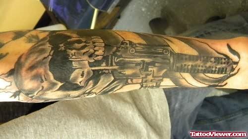 Skull Weapons Tattoo On Arm