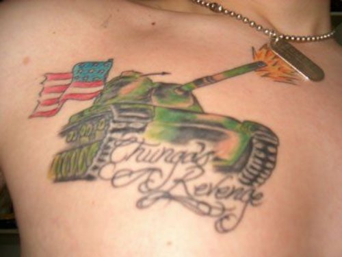 Colored Army Tank Tattoo On Man Chest