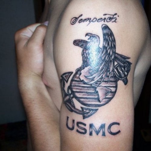 Grey Ink Army Tattoo On Left Shoulder