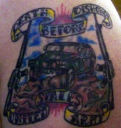 Colored Army Tattoo On Shoulder