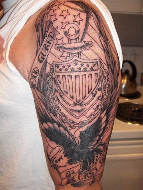 Grey Ink Army Tattoo On Man Left Half Sleeve
