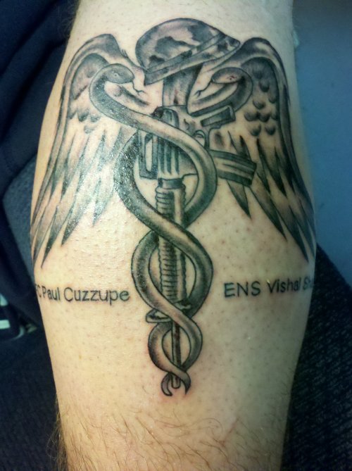 Grey Ink Army Medical Tattoo On Arm