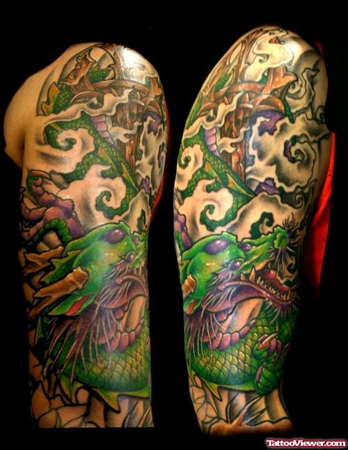 Green Ink Asian Tattoo On Right Half Sleeve