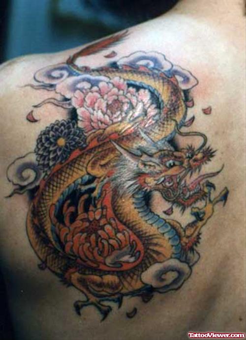 Colored Asian Tattoo On Left Back Shoulder