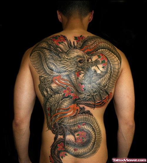 Color Ink Asian Tattoo On Man Back