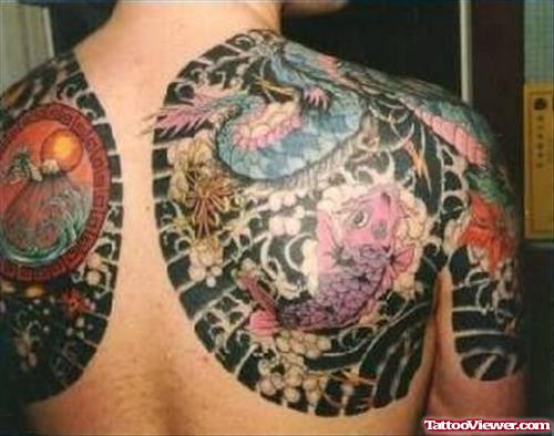 Color Ink Asian Tattoo On Back Shoulders