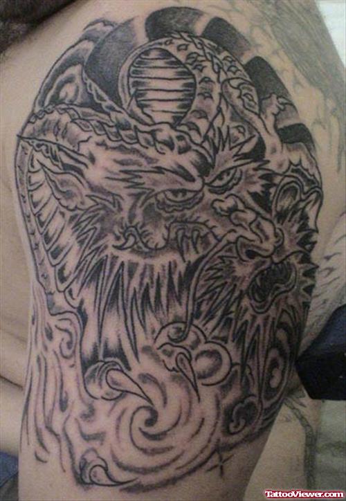 Classic Grey Ink Asian Tattoo On Left Half Sleeve