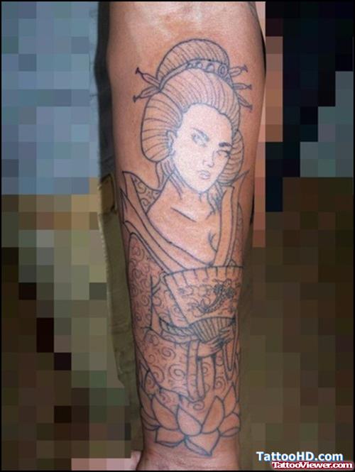 Best Grey Ink Asian Tattoo On Sleeve
