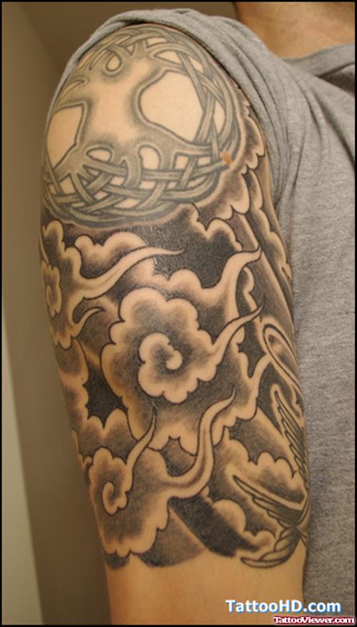 Best Grey Ink Asian Tattoo On Half Sleeve