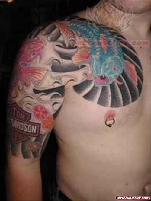 Awesome Colored Asian Tattoo On Half Sleeve And Chest