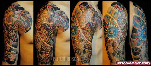 Awesome Color Ink Asian Tattoo On Right Half Sleeve