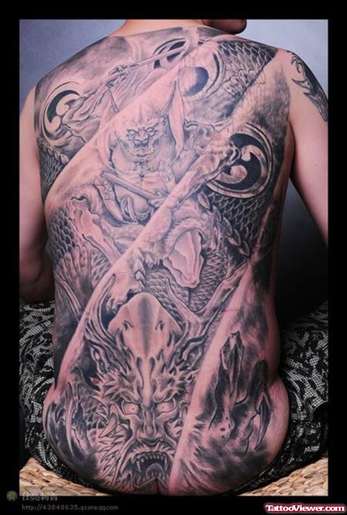 Awesome Grey Ink Asian Tattoo On Back