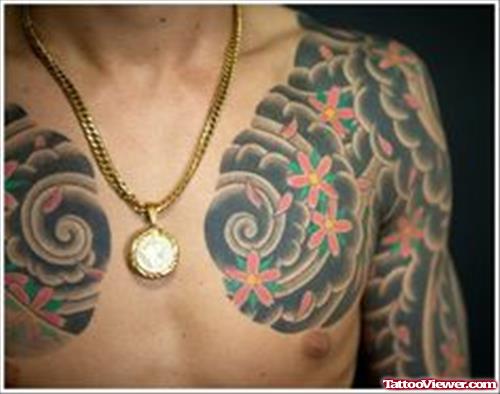 Asian Tattoos On Chest And Sleeve