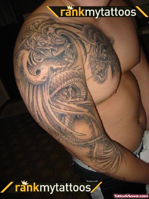 Asian Tattoo On Man Right Half Sleeve And Chest