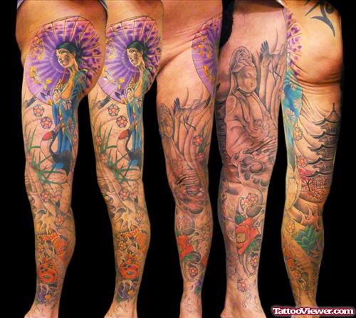 Asian Tattoos On full Leg Sleeve