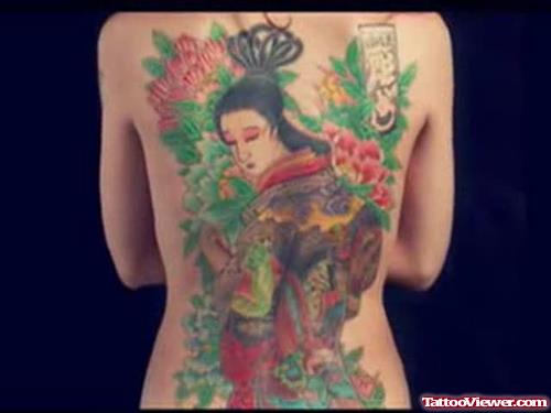 Awesome Colored Asian Tattoo On Back