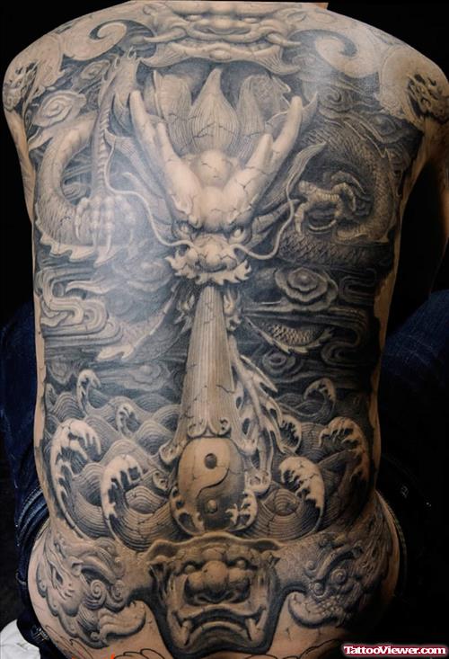 Wonderful Grey Ink Asian Tattoo On Back Body