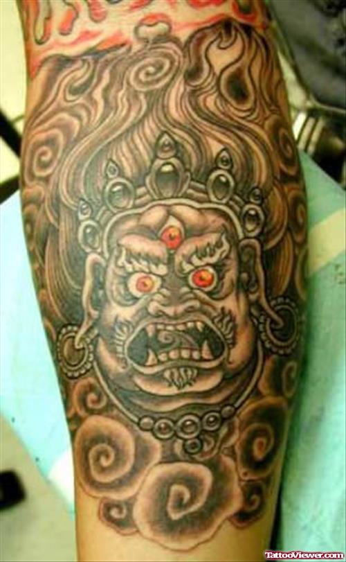 Red Eyes Asian Tattoo On Sleeve