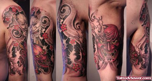 Color Ink Asian Tattoo On Half Sleeve