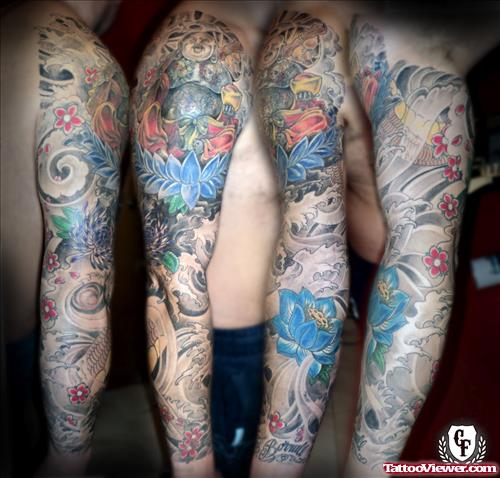Colored Asian Tattoo On Full Sleeve