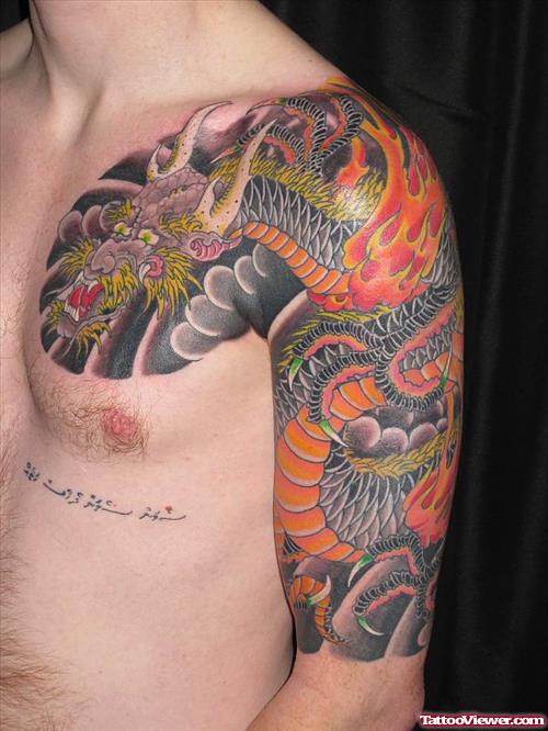 Colored Asian Tattoo On Chest And Left Half Sleeve