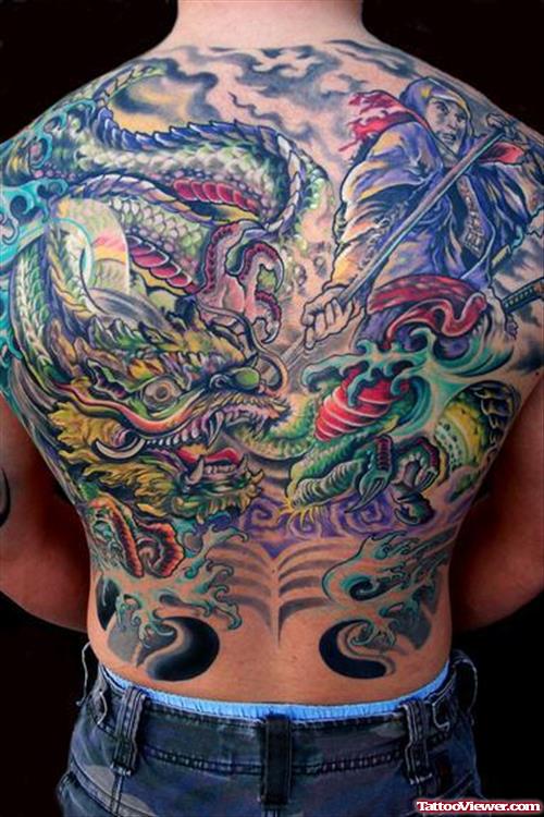 Color Ink Asian Tattoo On Man Back Body