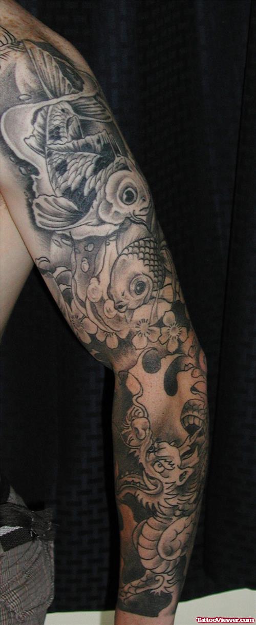Best Grey Ink Asian Tattoo On Right Sleeve