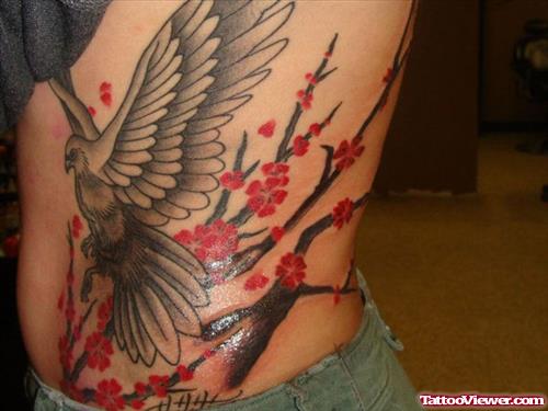 Cherry Blossom Flowers and Flying Bird Asian Tattoo
