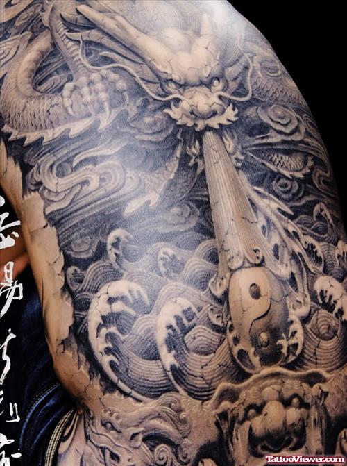 Beautiful Grey Ink Asian Tattoo On Back Body