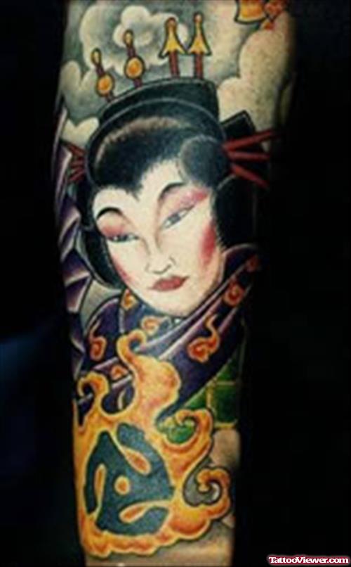 Awesome Colored Asian Tattoo On Full Sleeve