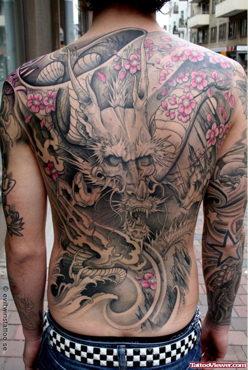 Attractive Grey Ink Asian Tattoo On Back Body