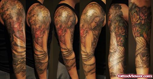Attractive Grey Ink Asian Tattoo On Right Sleeve