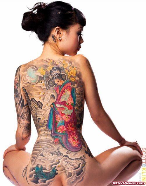 Asian Tattoo On Girl Back Body