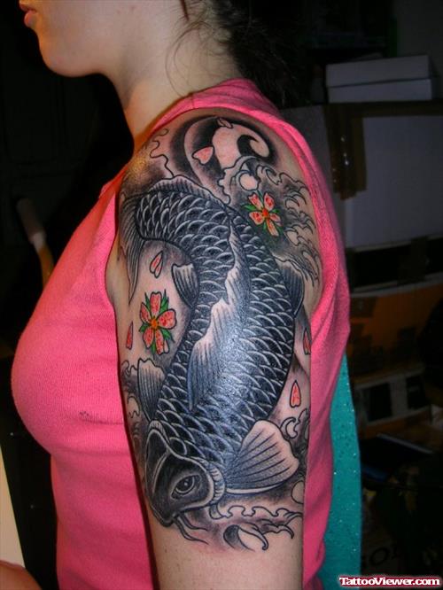 Asian Koi Fish Tattoo On Girl Left Half Sleeve